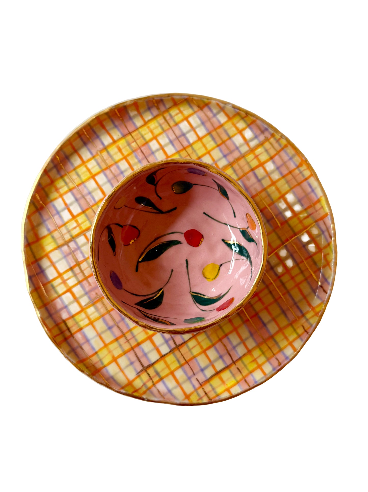 Peach and Yellow Plaid Medium Plate