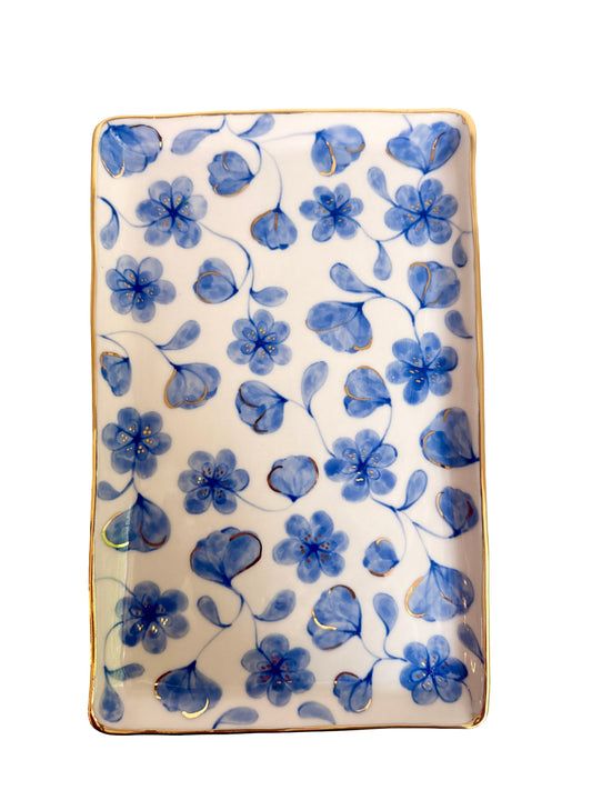 Large Flower Blue Toile Large Rectangular Platter