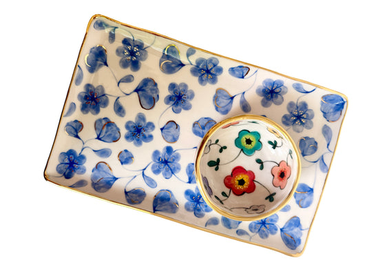 Large Flower Blue Toile Large Rectangular Platter